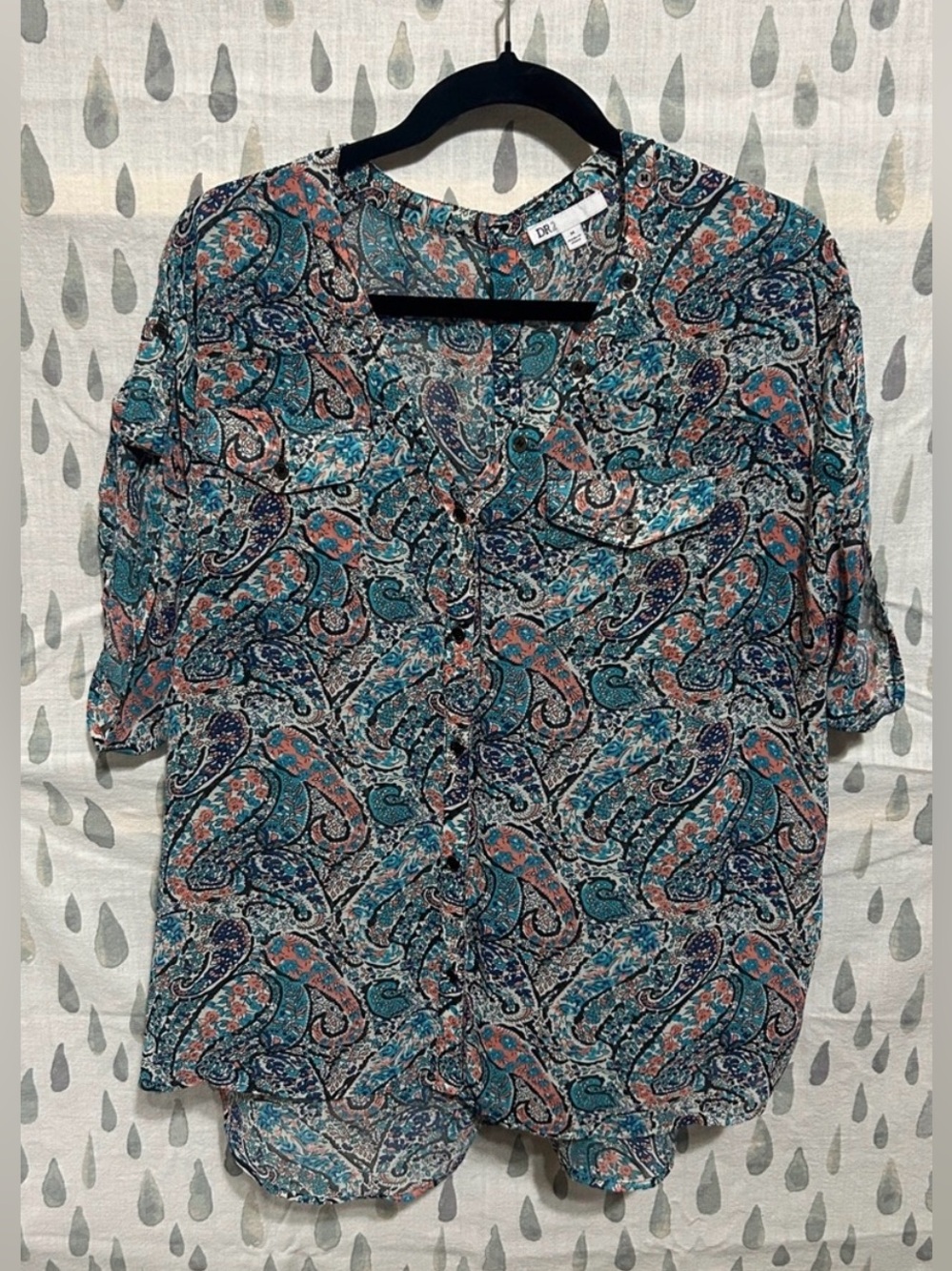 DR2 Teal Coral Paisley Button-Front Top